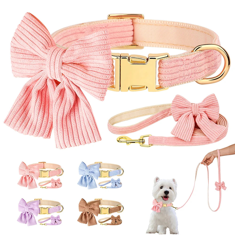 kf-S4939851eaef84c8e91d371a4a088964bg Cute Dog Collar Leash Set With Bowknot Soft Velvet Puppy Dogs Collars Outdoor Pet Walking Lead For Small Medium Dogs Chihuahua - Image 1