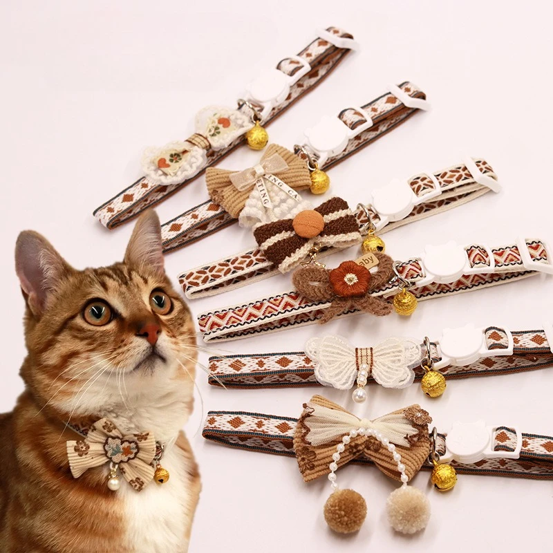 kf-S4b62a4e95c694ab99226e494377756a0o Wholesale Brown Bowtie Cat Collar with Lace Beads Bell and Breakaway Safety Buckle for Pets - Image 1