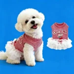 Bichon Frize Pet Dog and Cat Clothe Spring and Summer Thin Breathable Red Striped Cherry Vest Dress Couple Wear Pink Cute Beauty