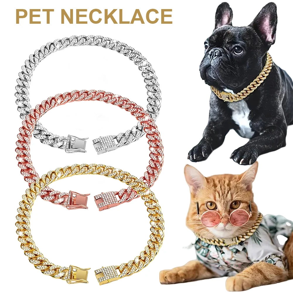 kf-S588c0930ec8c4f1c8894a88fb1a58705e New Style Pet Collar Necklace Cat Dog Full Diamond Cuban Chains Dog Chains Lock Buckle Gold Silver Rose Gold Pet Supplies - Image 1