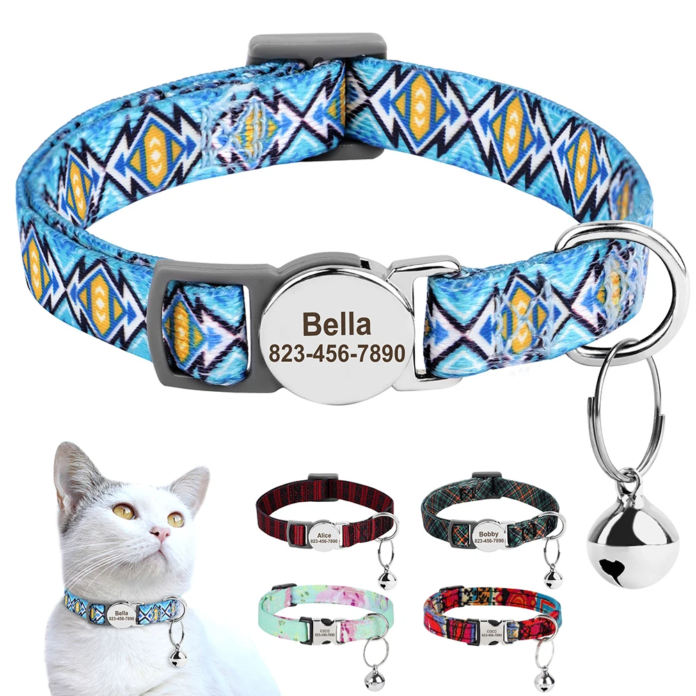 kf-S5a2114fb11274d83861471b1a4e2a053Y Personalized Printed Cat Collar Adjustable Kitten Puppy Collars With Free Engraved ID Nameplate Bell Anti-lost Cats Collars - Image 1