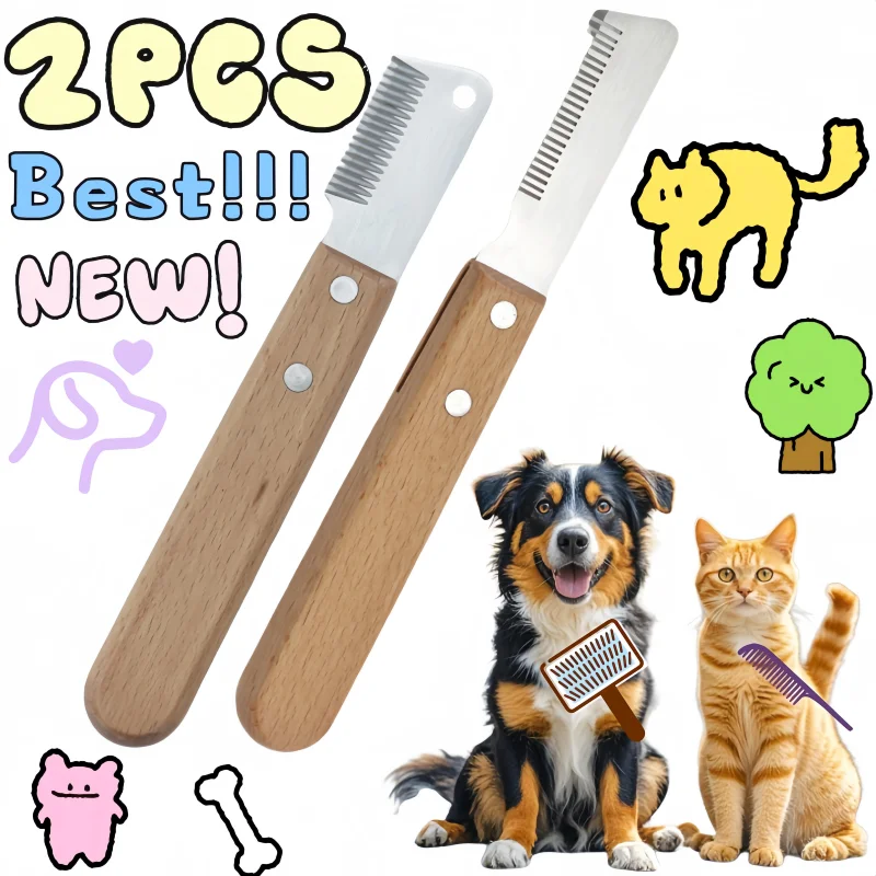 kf-S60b2720ce9a84b138bde0bda522993ecR 2PCS Pet Hair Removal Knife Dog Comb Beauty Tool Wooden Handle Peeling Knife Pet Hair Removal Device Cleaning Tool Pet Supplies - Image 1