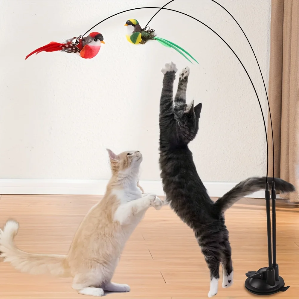 kf-S6aabbf2cbe434257ab81bda3c9c352639 Two birds Cat teasing stick set simulation bird hands-free bird cat stick long pole double pole with bell strong suction cup cat - Image 1
