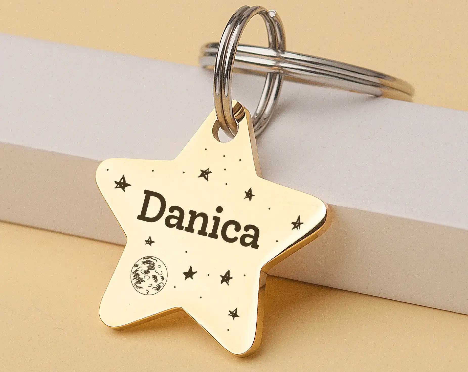 kf-S6e1061ef8f864655ada63ab61777bf82N Dog Tag For Pets Personalized Star Shaped Collar Custom Name Phone Number Tag Pet ID Tag Gold Star Free Split Ring - Image 1