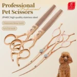 Fenice 6.5/7.0 inch JP440C Rose gold Pet Dog Grooming Routined/Serrated Curved Scissors Traceless/V-shaped Teeth Thinning Shears