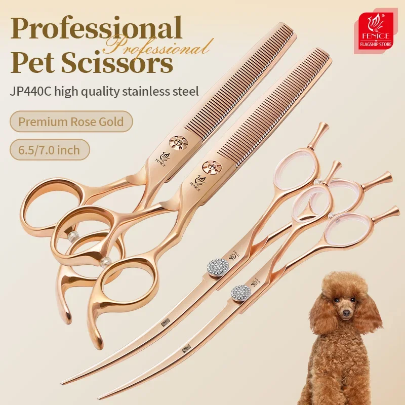 kf-S797f6f5590d743e88f676b9e12b0a174z Fenice 6.5/7.0 inch JP440C Rose gold Pet Dog Grooming Routined/Serrated Curved Scissors Traceless/V-shaped Teeth Thinning Shears - Image 1