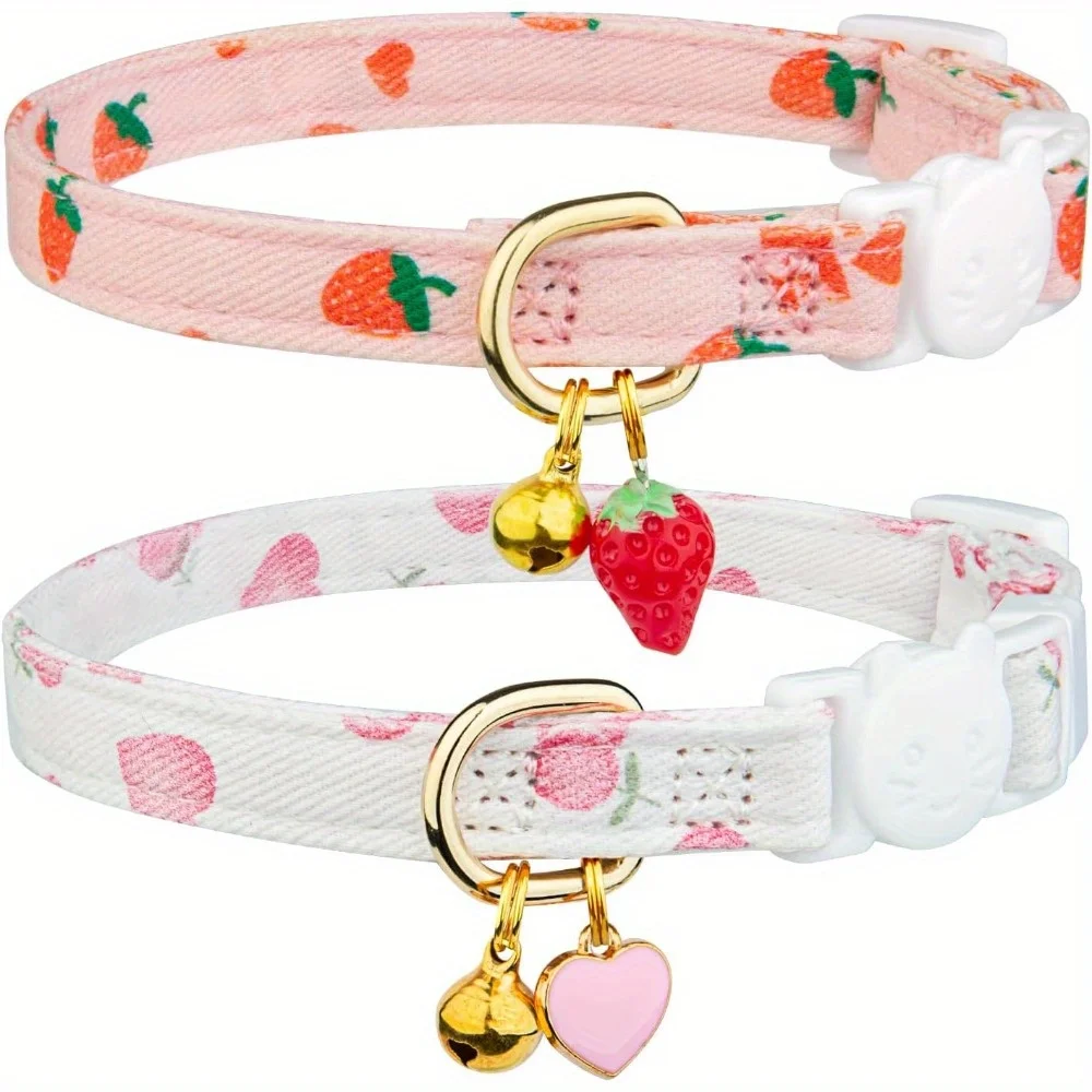 kf-S7b57d503fabc494185fa72599572c54aU 2 Pack Cotton Breakaway Cat Collar Pink Strawberries and White Heart Shaped Pendant Cute Kitten Cat Collar with Bell - Image 1