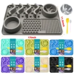 Slow Feeder Mat for Pets - Non-Toxic Silicone (Turquoise) Upgraded Anxiety and Boredom Relief Tool with Aluminum Bowl,17x11x2 in