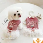 Bichon Frize Pet Dog and Cat Clothe Spring and Summer Thin Breathable Red Striped Cherry Vest Dress Couple Wear Pink Cute Beauty - Image 3