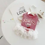 Bichon Frize Pet Dog and Cat Clothe Spring and Summer Thin Breathable Red Striped Cherry Vest Dress Couple Wear Pink Cute Beauty - Image 10