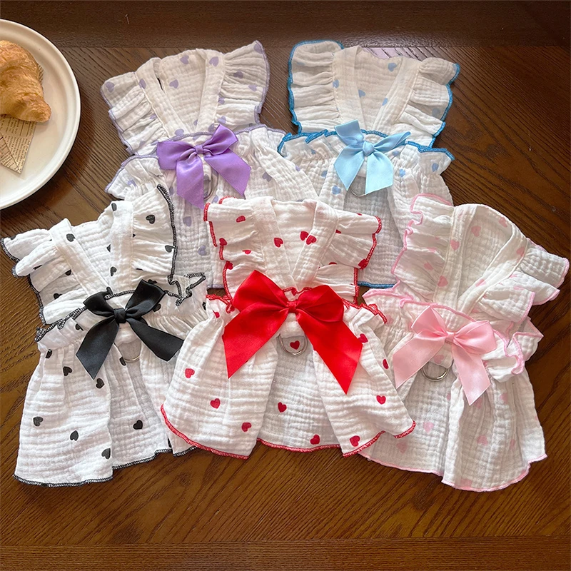 kf-S8b5220d9dce04bfa8730e298b13e52f3b Thin Dog Cooling Dress, Puppy Summer Clothes, Bow, Heart Print, Pet Skirt, Kitten Dog Costume, Chihuahua, Bichon, Yorkie, Girls - Image 1