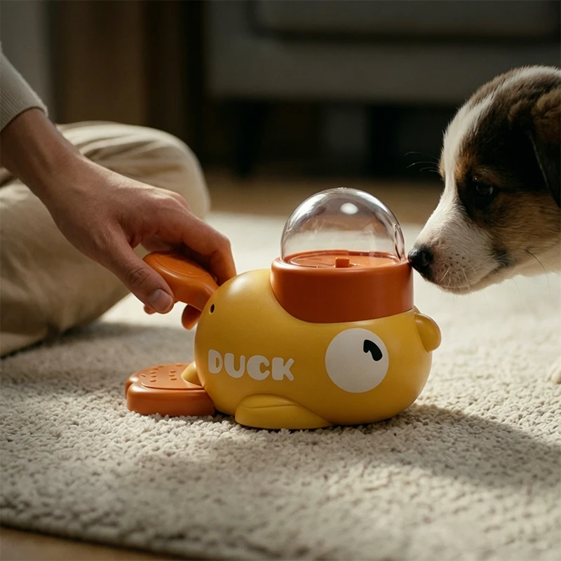 kf-S8b6511e4db3e4b9e99c2f2e18a960519N Dog 2-in-1 Interactive Toy Pet Automatic Food Treat Dispenser Cartoon Duck Design Slow Food Pet Snack Feeder for Dog Training - Image 1