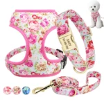 Nylon Printed Dog Collar Harness Leash Mesh Puppy Cat Vest Personalized Pet Collars Anti-lost For Small Medium Dogs Cats Pink