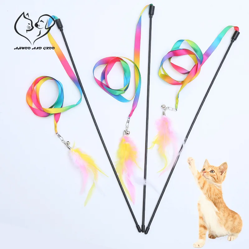 kf-S8fce2158b8394c9abd9fd595dc05c4d4i Simulation Feather Interactive Cat Toy Satin Ribbon Bell Cat Stick Toys Kitten Playing Teaser Wand Toy Cat Supplies Accessories - Image 1