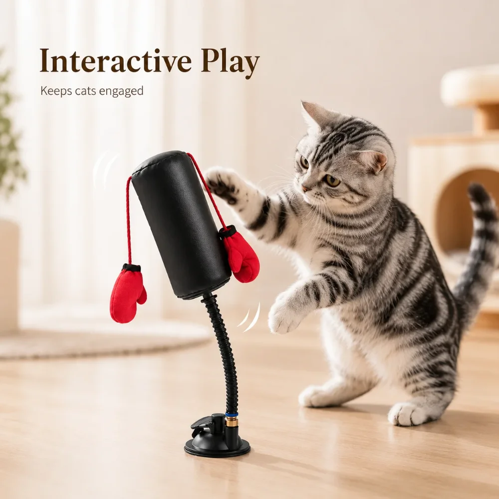 kf-S9136e0281ecb436984dc8a4d95421ed9U 1×Paw Punch Cat Boxing Toy Cat Punching Bag with Boxing Gloves-Interactive Exercise Toy Indoor Play Durable Suction Cup Activity - Image 1