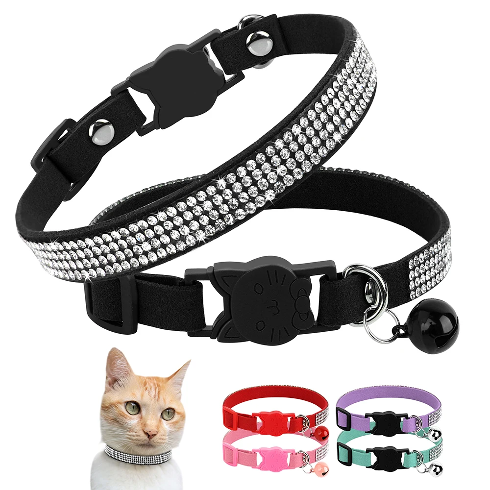 kf-S938462f93d854df090b0584d6be1a505g Soft Pink Suede Leather Cat Collar - Bling Rhinestone Design with Bell, Safety Breakaway & Adjustable XS/S for Cats & Puppies - Image 1