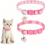 Pink Cat Collar with Bell,, Bow and Flower Pendant, Adjustable Kitten Collars ，Cute Pink Plaid and Bow Design