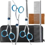 Professional Pet Grooming Scissors Set Stainless Steel Straight Curved Thinning Shears with Comb and Case for Dogs Cats
