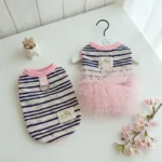 Fashion Pink Tulle Dog Dress Striped Knit Pet Outfit with D-Ring for Small Dogs Cats Photoshoot & Daily Wear - Image 3