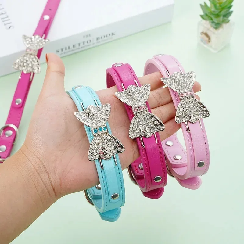 kf-Sa9a4e1fde38c47d084d28a22a08fa5b0K Cute PU Leather Dog Puppy Collar Bling Rhinestone Bowknot Chihuahua Collar for Small Medium Larger Dog XXS-XL Dog Accessories - Image 1