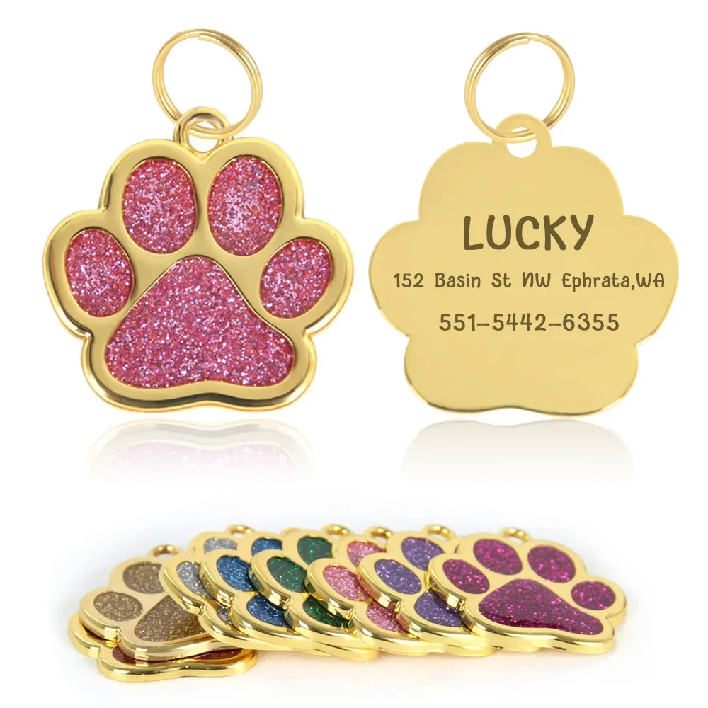 kf-Saf0d3250ef5f43868de36e8bceb7d5513 Personalized Collar Pet ID Tag Custom Free Engraved Cat Dog Puppy Name Necklace Gold Paw Glitter Pendant Pet Accessories 3CM - Image 1