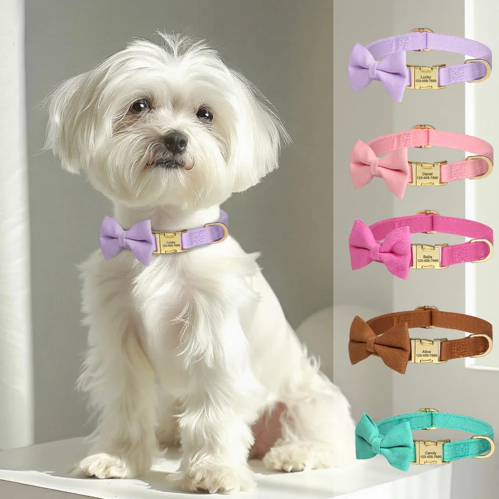 kf-Sb0f03e7a291340348caa91f4dc6debf2C Personalized Dog Collar Cute Bowtie Dog Nylon Collars Free Engraving Pet Buckle Collar For Small Medium Dogs Bowknot Accessory - Image 1