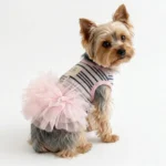 Fashion Pink Tulle Dog Dress Striped Knit Pet Outfit with D-Ring for Small Dogs Cats Photoshoot & Daily Wear - Image 4