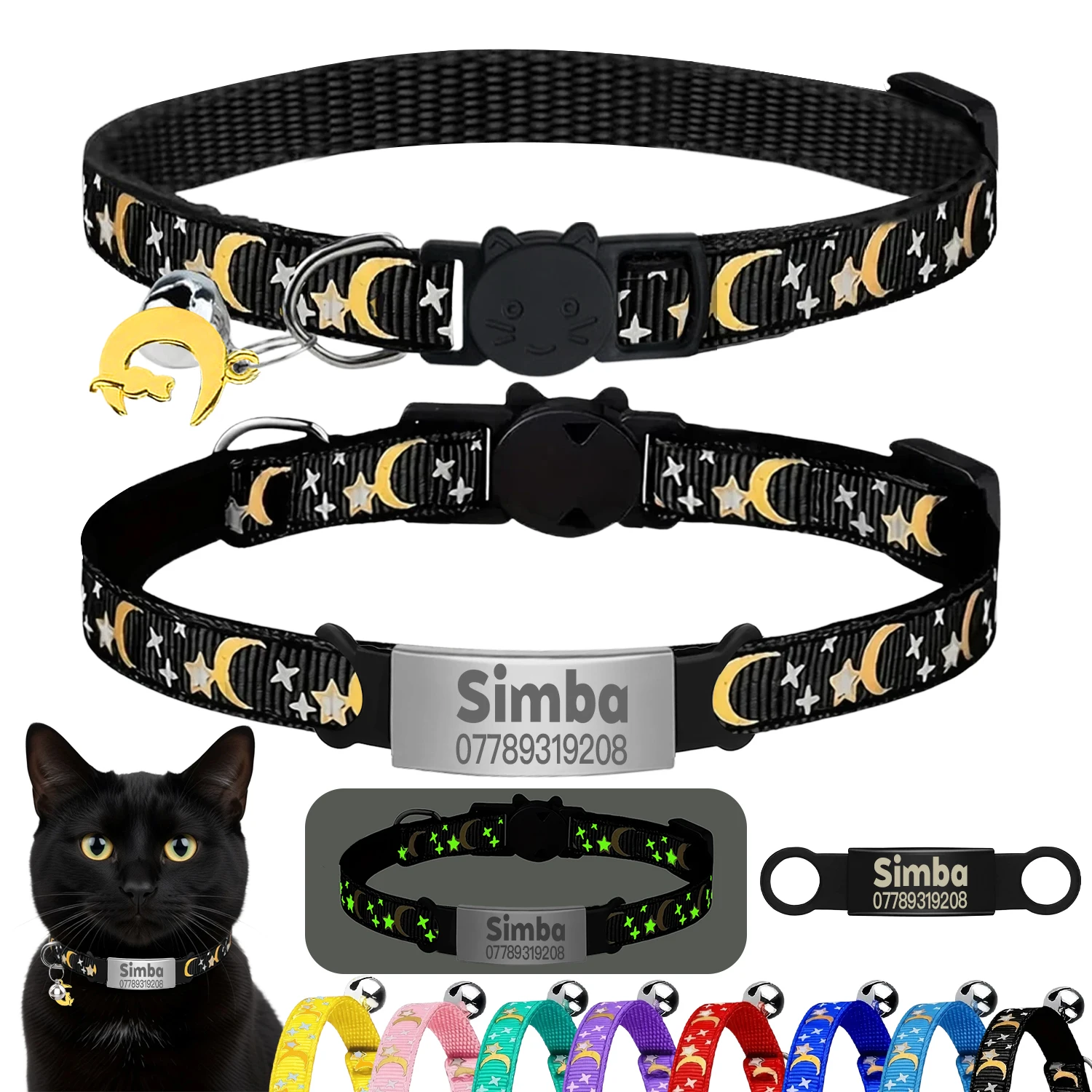 kf-Sb9089793e36d4660af0bb75a64d5490cS Customized Cute Glow Cat Collar Free Engraved Puppy Kitten Anti-lost Pet ID Nameplate Necklace With Bell & Moon Ornament - Image 1