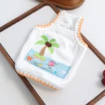 Bora Bora Pet Tank Top-White, Coconut Shell Embroidery, Ribbed Breathable, Two-Legged Outfit for Small Dogs Cats, Summer Wear