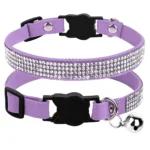 Soft Pink Suede Leather Cat Collar - Cute Bling Rhinestone Design, with Bell & Safety Breakaway Buckle, Adjustable XS/S Sizes - Image 2
