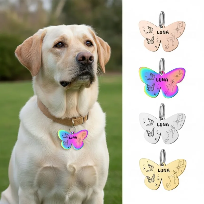 kf-Sc8fbc4cf17db4892ba814efa28fa7d4bb Customized Stainless Steel Butterfly Pet ID Tag Key Chain Personalized Dog ID Cat Kitten Puppy Tag Pendant DIY Logo Accessoriess - Image 1