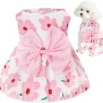 Pet Picks Summer Floral Print Dog Dress with Big Pink Bow, Sleeveless Pet Skirt for Small Puppy Cat Bichon Chihuahua Yorkie
