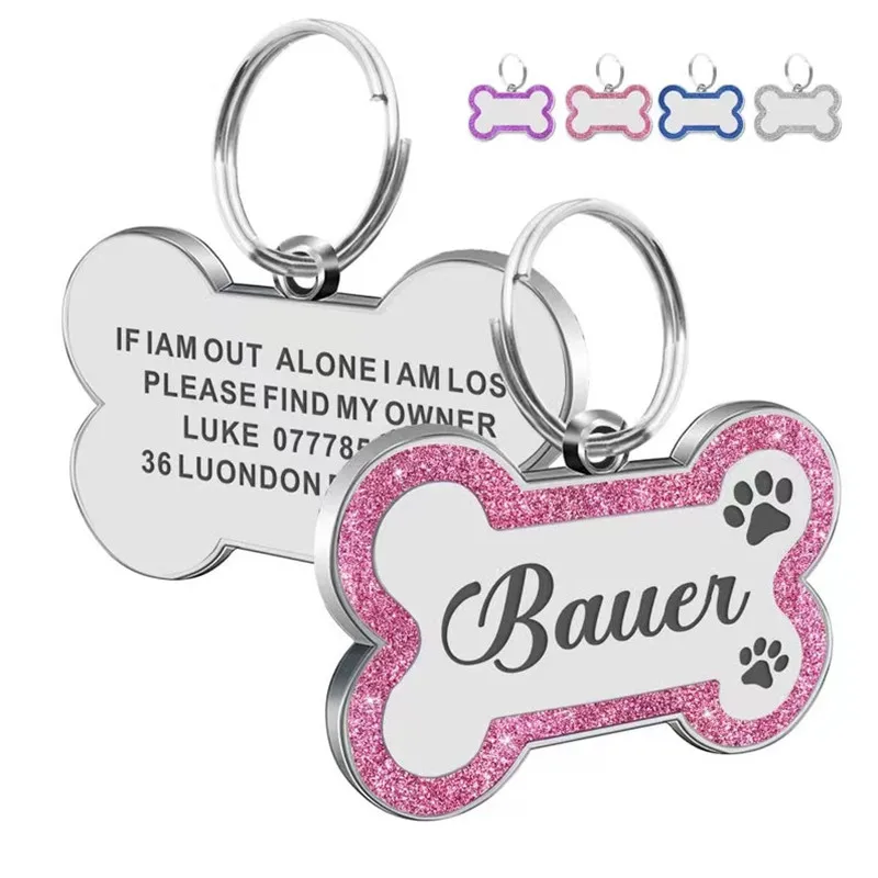 kf-Scfa6d35d8ea24e45a2298e7f2b7875c6a Custom Double Side Dog Cat ID Tag Glitter Dogs Cats Name Pendant Tags Pet Collar Accessories Anti-lost Bone Tags for Dog Cat - Image 1