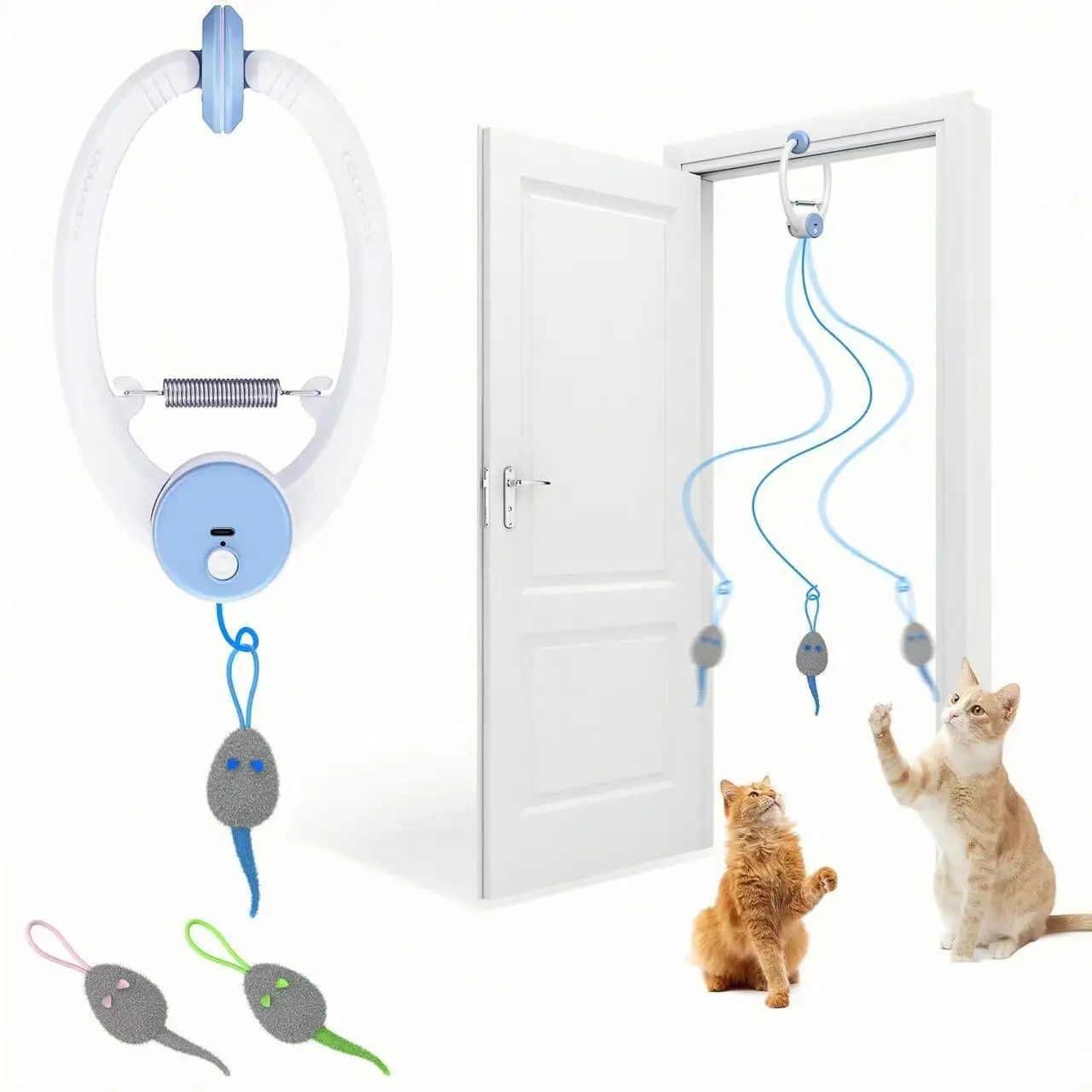 kf-Sd23f6321451f40b9bdb1ccb482f0615eD Door Hanging Auto-Rebound Cat Toy, Retractable Kitten Teaser with 3 Colorful Mice, Interactive Pet Play Toy for Indoor Cats - Image 1