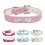 Custom Bling Leather Dog Collar with Name, Solid Personalized Engraved Puppy ID Collars, Small Medium and Large Dogs, XS-L