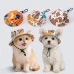 Breathable Cat Dog Sun Hat Adjustable Drawstring with Ear Holes Pet Bucket Hat Lightweight UV Protection Pet Cowboy Hat
