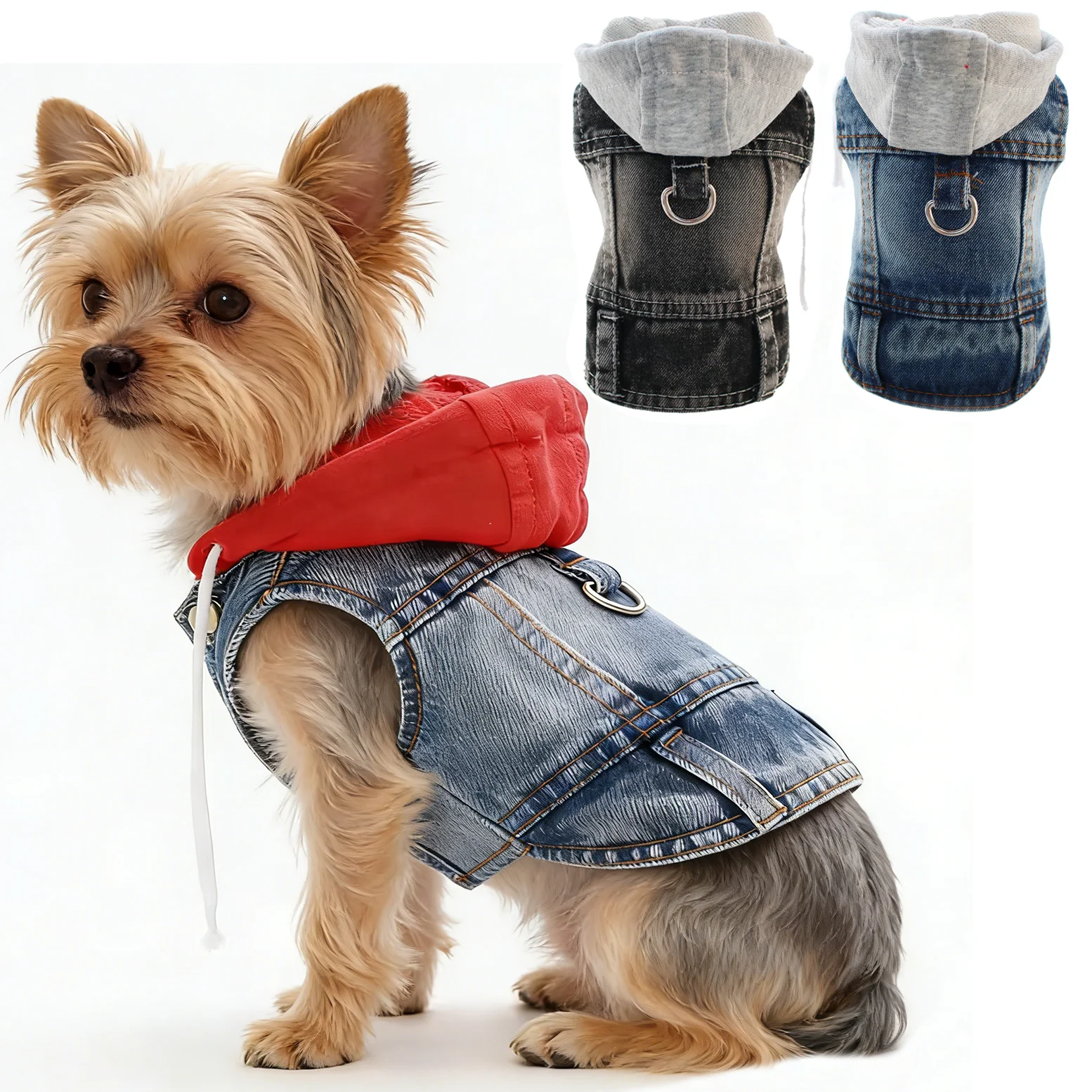 kf-Se4047a0bc427429484f3f60b9241af9e7 Cool Dog Jean Jacket Vest with D-Ring Hoodies for Small Medium Dogs, Spring Dog Clothes Puppy Denim Harness Coat for Walking - Image 1