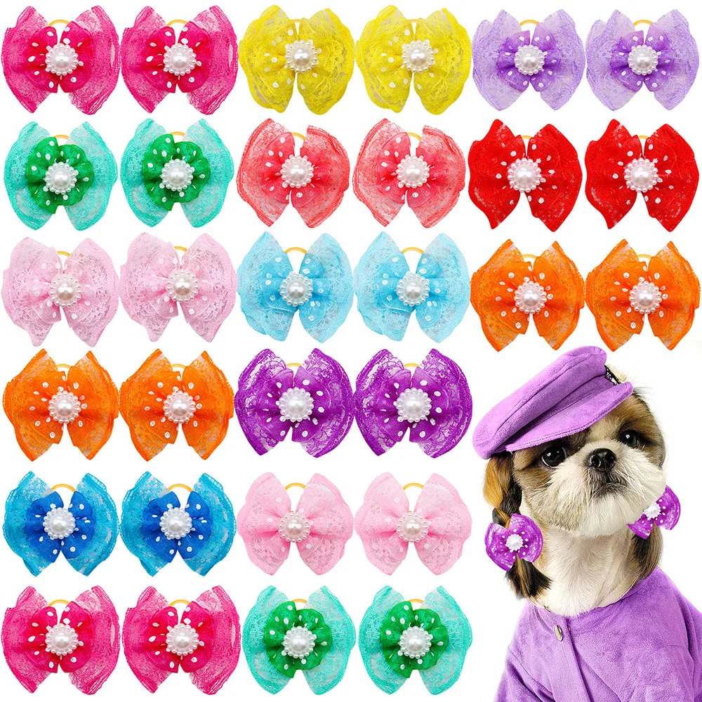 kf-Seada419c11904ea3b38239d907f8708cq 100pcs Bulk Pet Dog Hair Accessories Dog Hair Bows with Diomand Lace Rubber Band Grooming for Small Dogs Puppy Bows Pet Supplies - Image 1
