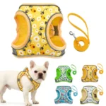 DH009Cartoon-Dog harness and leash set features a breathable honeycomb mesh design to prevent overheating and sweating.