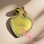 Custom Engraved Personalized Gold Plated Heart Dog Tag with Clear Rhinestones Pet ID Name for Cats Unique Gift Collar Charm Pet