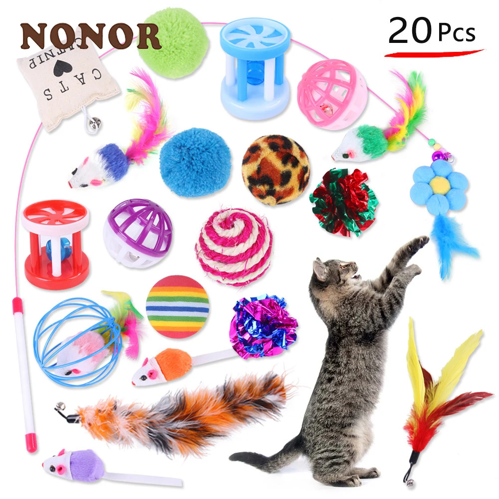 kf-Sf44dd9608ebe4863a7dd16b6ed83bc4bZ NONOR Cat Toys Set Feather Teaser Wand Toy Kitten Teaser Refills Mouse Shape Balls Shapes Playing Without the Stick - Image 1