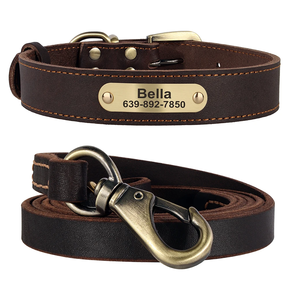 kf-Sf491194f9a1041879503502f32ab5cd7k Real Leather Dog Collar Leash Set Personalized Pet Collar With Leash Free Engraving Nameplate For Small Medium Large Dogs - Image 1