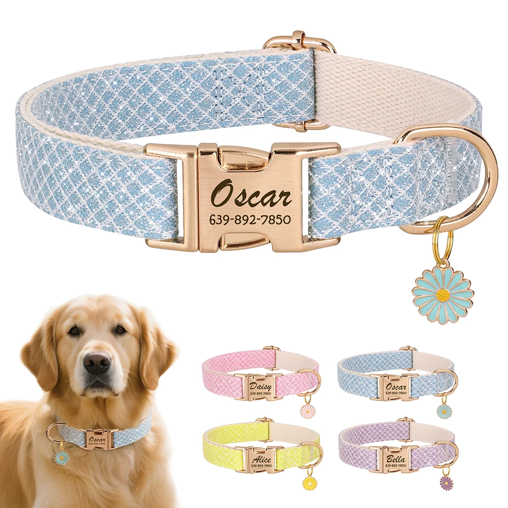 kf-Sf4ce2178bb8743c49b548862317b45c5H Custom Bling Nylon Dog Collar Free Engraved Puppy Dog ID Name Collars With Cute Flower Tag Accessory For Small Medium Dogs Cats - Image 1