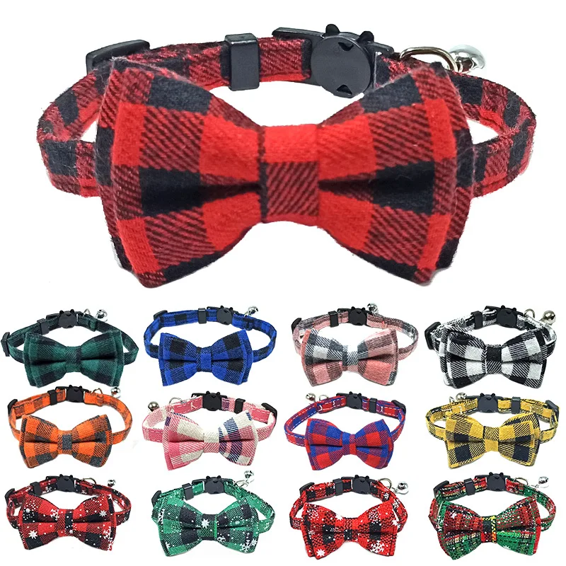 kf-Sfa25832ec769430899db5a9e404c54cbM Pet Breakaway Cat Collar Bow Tie and Bell Cute Plaid Christmas Red Elastic Adjustable Dog Collar With Sash Small Bell For Cats - Image 1